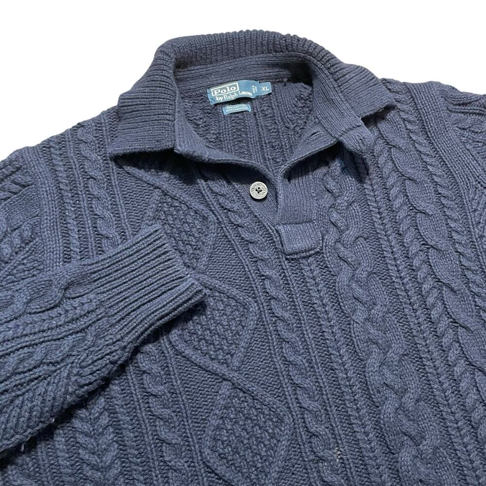VTG Polo Ralph Lauren Sweater Polo Men XL Navy Cable Knit Cashmere Cotton Heavy